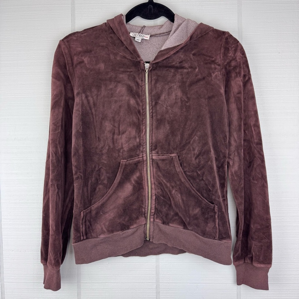 Vintage So Nikki Y2K Brown Velvet Zip Up Sweatshirt Hoodie Juniors M